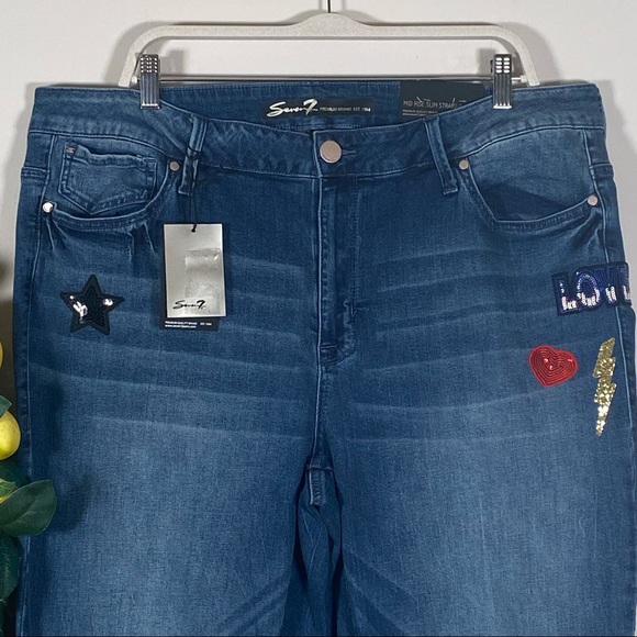 SEVEN7 women’s mid rise slim straight sequin iron on patches jeans plus size 20W - Picture 2 of 7